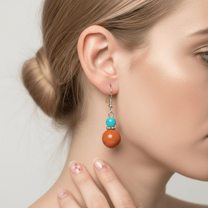 Brown Jade & Turqouise Silvertone ‌Gourd-Shape Hook Earrings