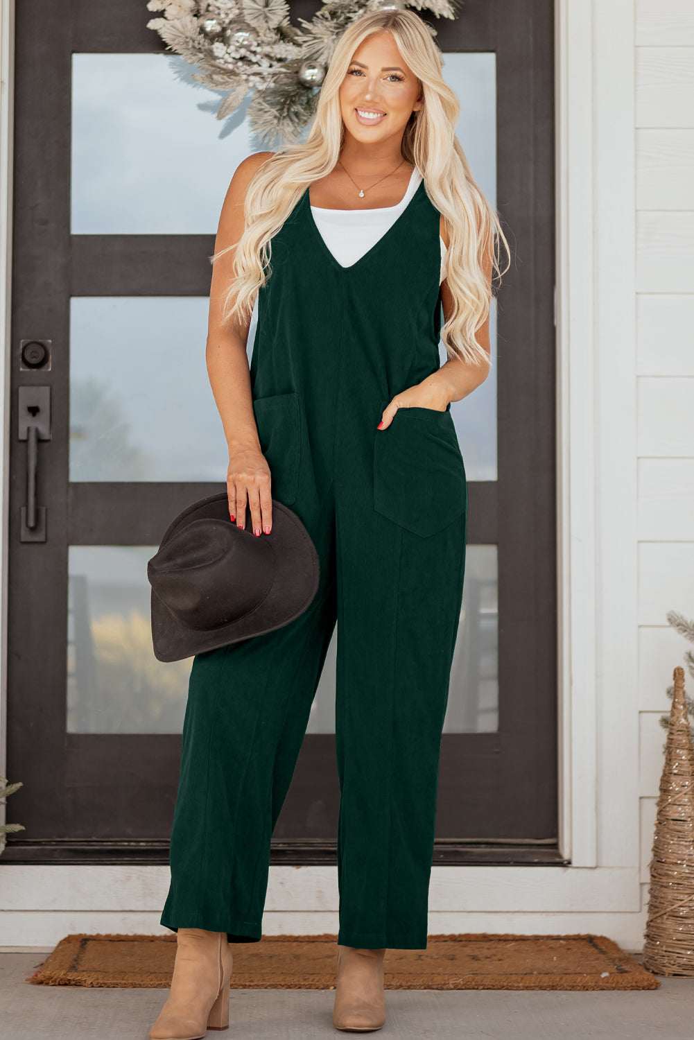 Elle Corduroy Patched Sleeveless Jumpsuit - Evergreen / L - 12/14