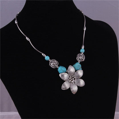 Turquoise & Silvertone Flower Pendant Necklace