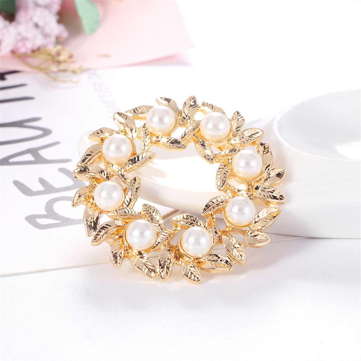 Pearl & Goldtone Wreath Brooch
