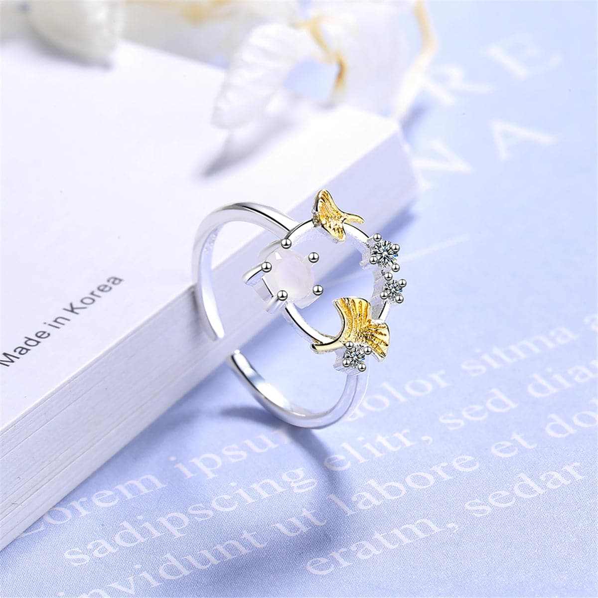 Cubic Zirconia & Catseye Ginkgo Leaf Open Ring