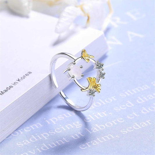 Cubic Zirconia & Catseye Ginkgo Leaf Open Ring