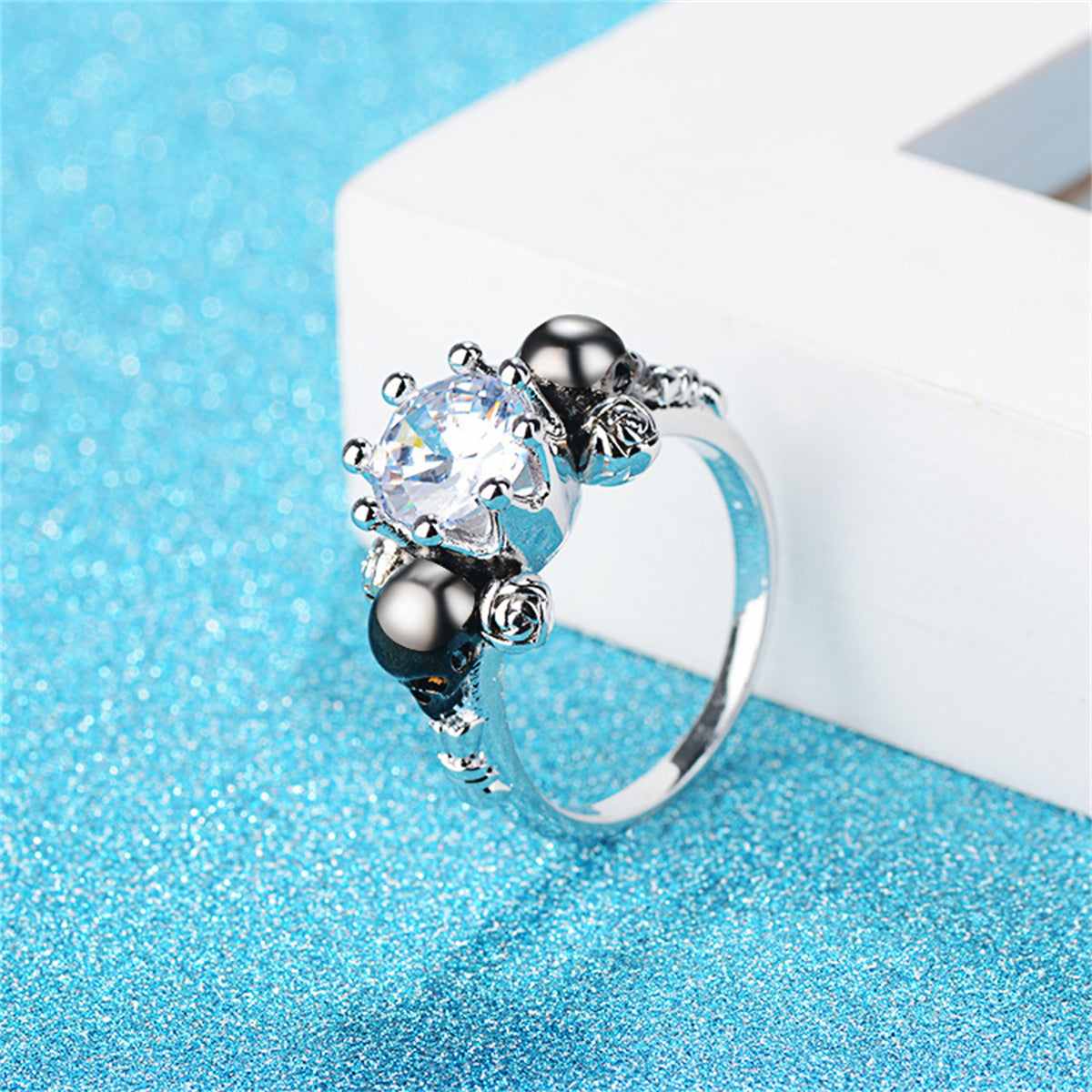 Clear Crystal & Silvertone Skull Rose Ring-4