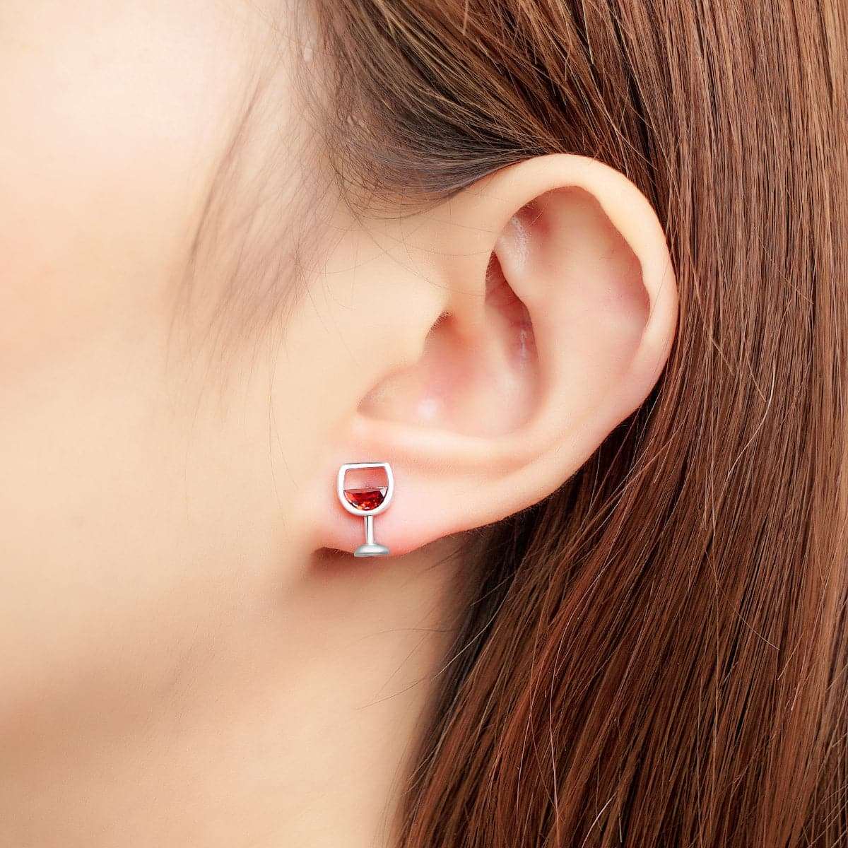 Red Crystal & Silvertone Wine Cup Stud Earring