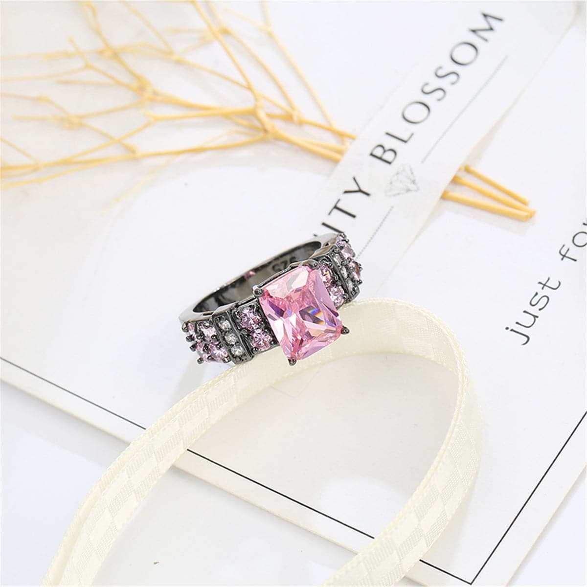 Pink Crystal & Blacktone Rectangle Ring