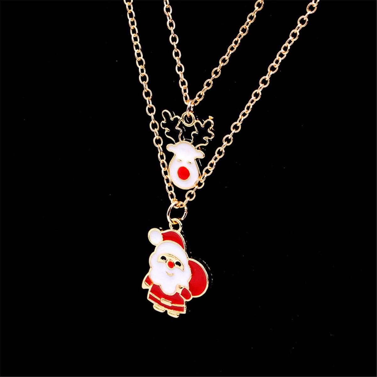 Red & Goldtone Santa Claus & Reindeer Pendant Necklace Set