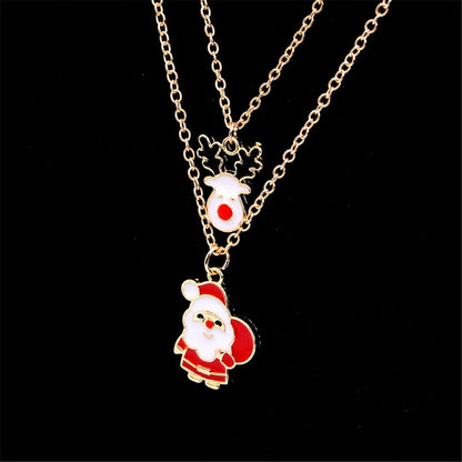 Red & Goldtone Santa Claus & Reindeer Pendant Necklace Set