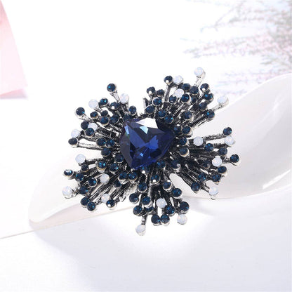 Blue Cubic Zirconia & Silvertone Flower Brooch