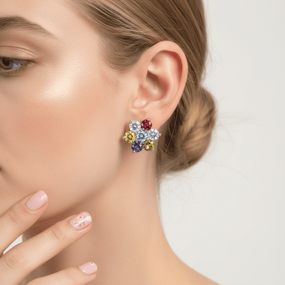 Multi-Colored Crystal & Silvertone Flower Stud Earrings