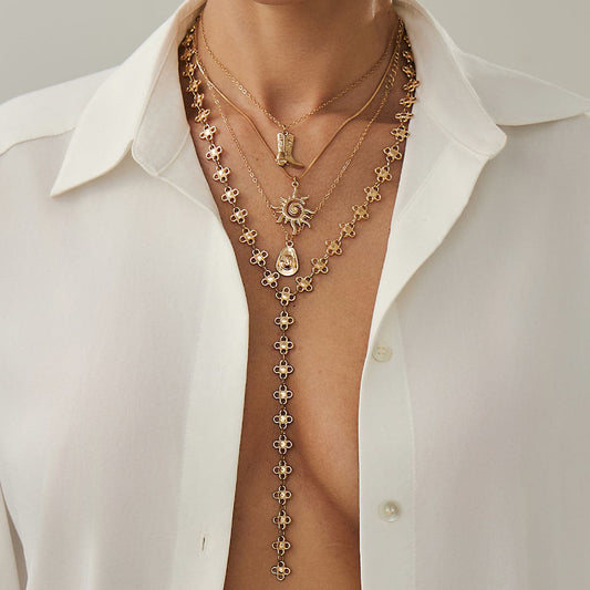 Goldtone Boot Drop Sun Pendant Flower Y-Necklace Set