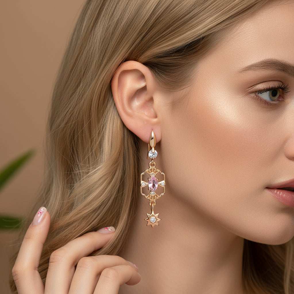 Pink Crystal & Cubic Zirconia Goldtone Scalloped Edge Starburst Hook Earrings