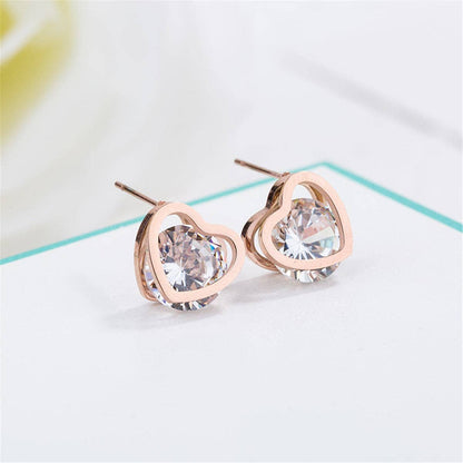 Cubic Zirconia & Rose Goldtone Heart Stud Earrings-1