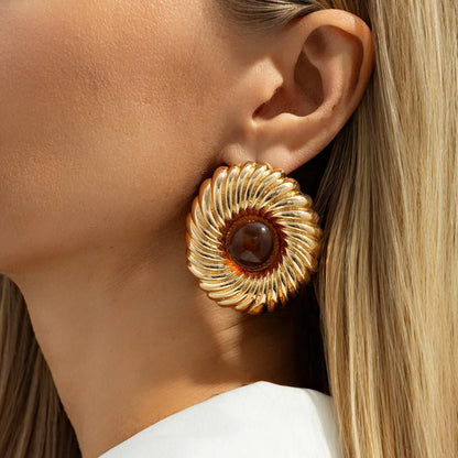 Brown Resin & Goldtone Floral Round Stud Earrings