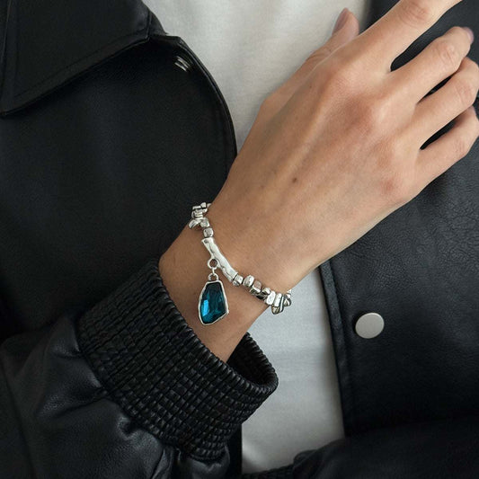 Blue Crystal & Silvertone Beads Irregular Charm Stretch Bracelet