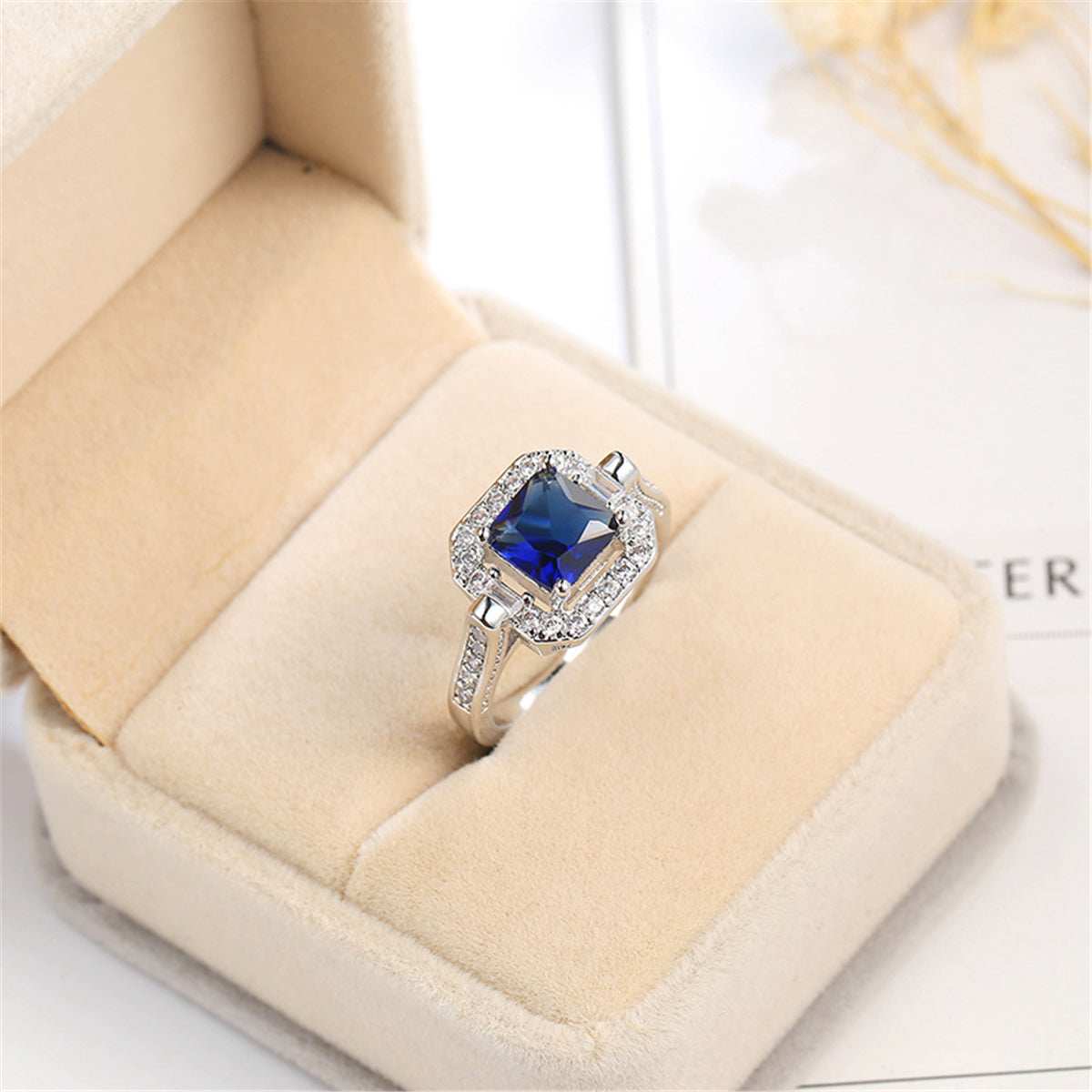 Navy Princess Crystal & Cubic Zirconia Square Halo Ring