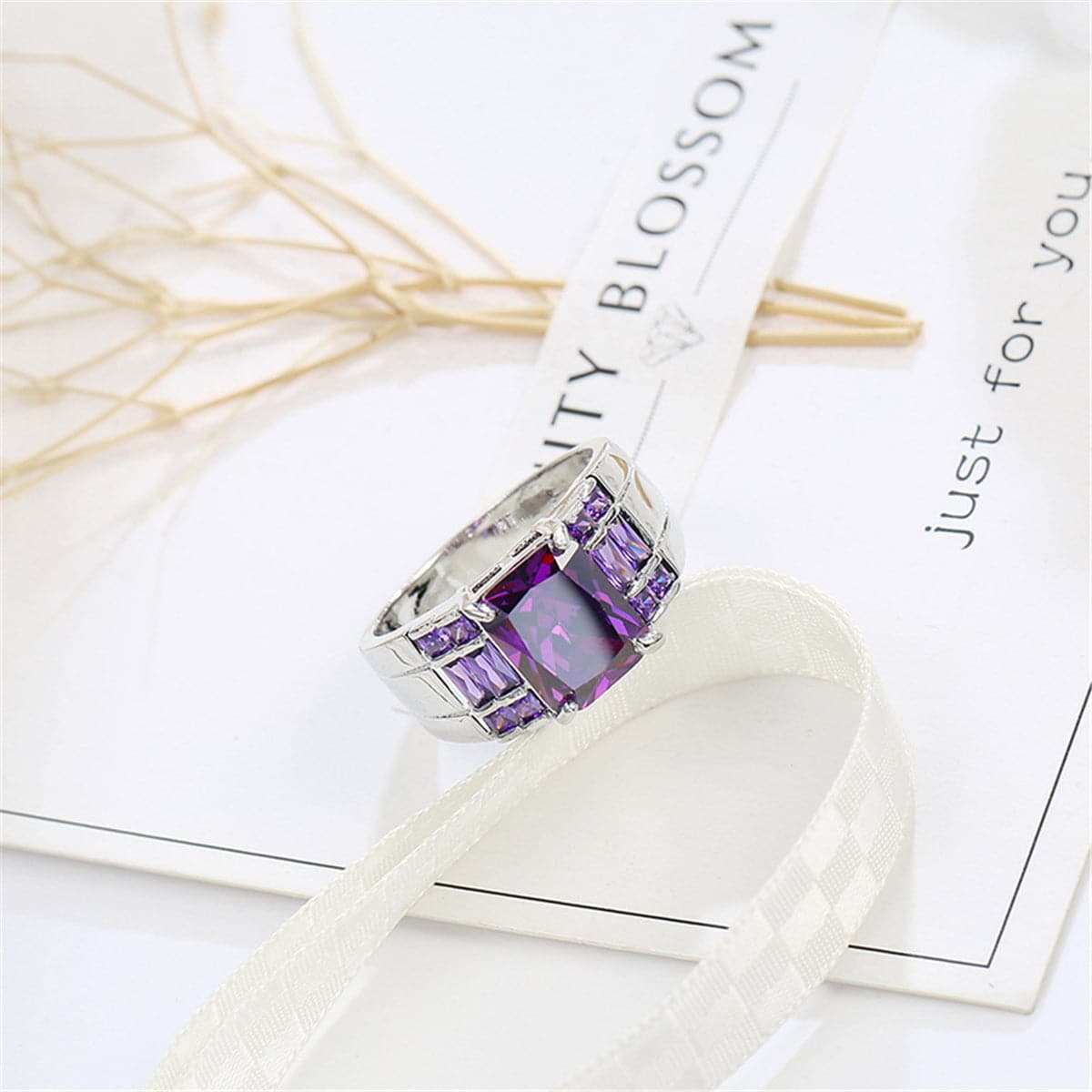 Purple Crystal & Silvertone Emerald-Cut Ring