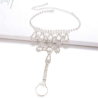 Cubic Zirconia & Silver Plated Ornate Ankle-To-Toe Ring Anklet