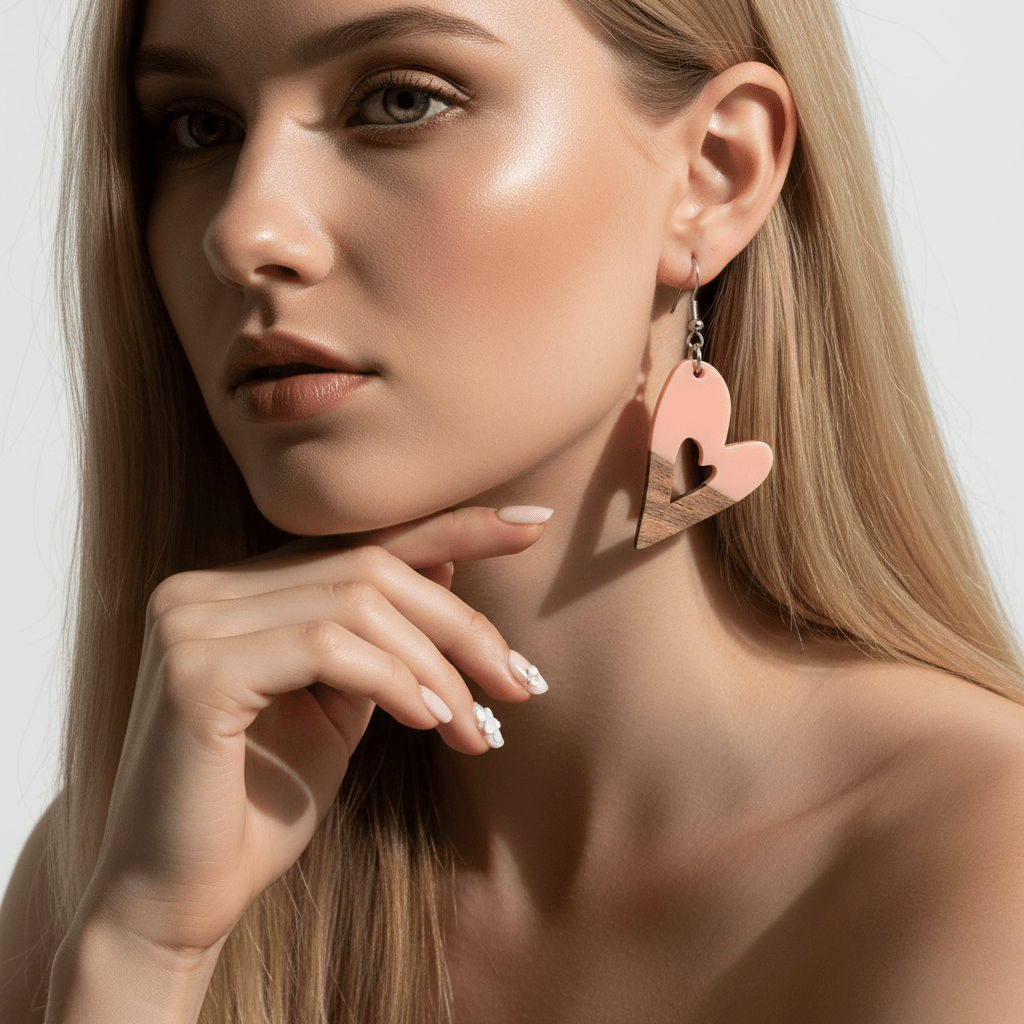 Pink Resin & Wood Silvertone Heart Hook Earrings