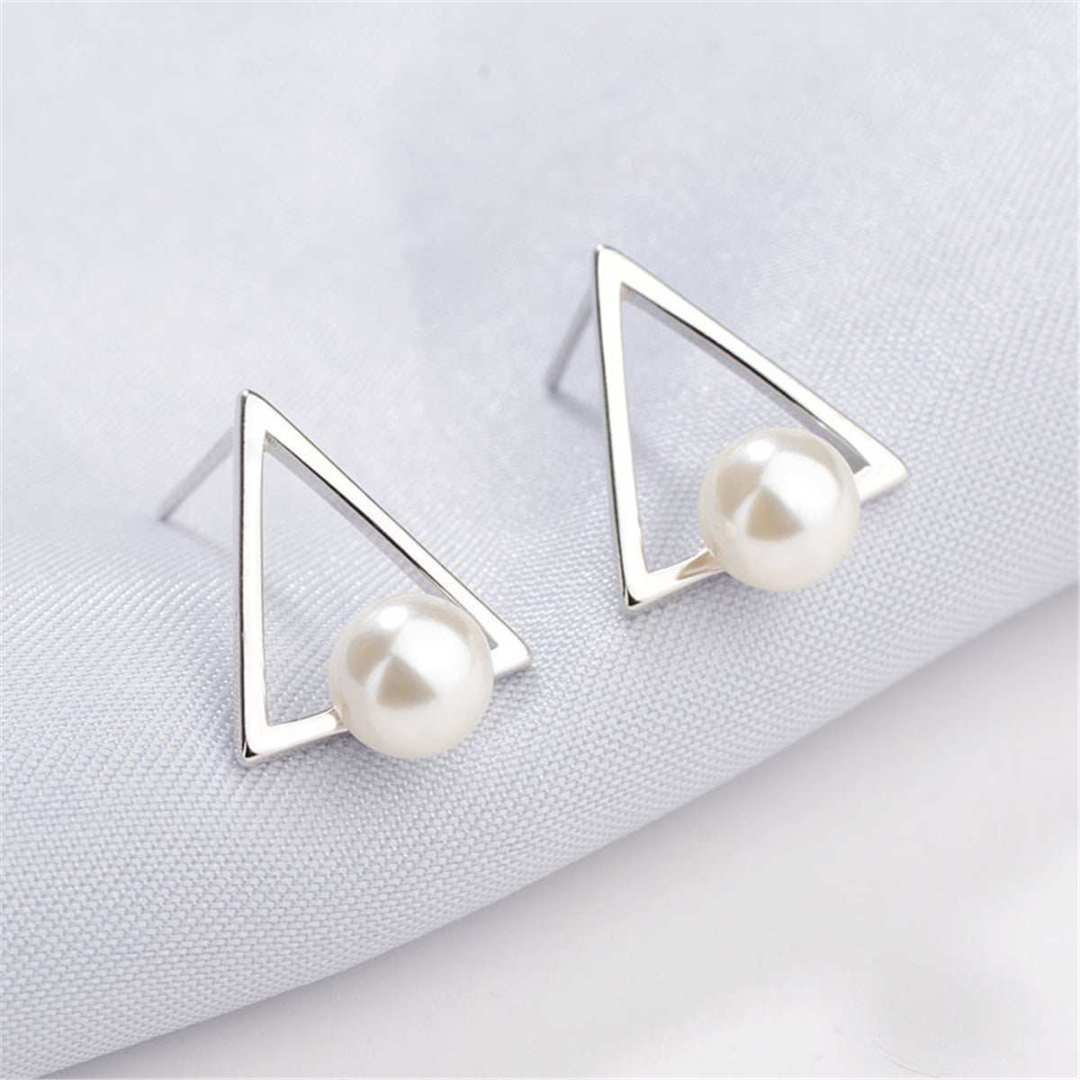Pearl & Silvertone Hollow-Triangle Stud Earrings