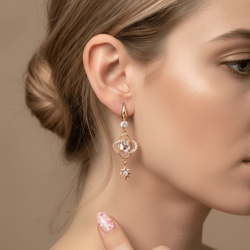Pink Crystal & Cubic Zirconia Goldtone Planet Starburst Hook Earrings