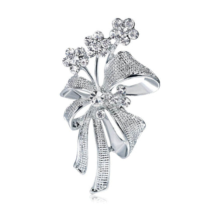 Cubic Zirconia & Silvertone Bow Botany Brooch