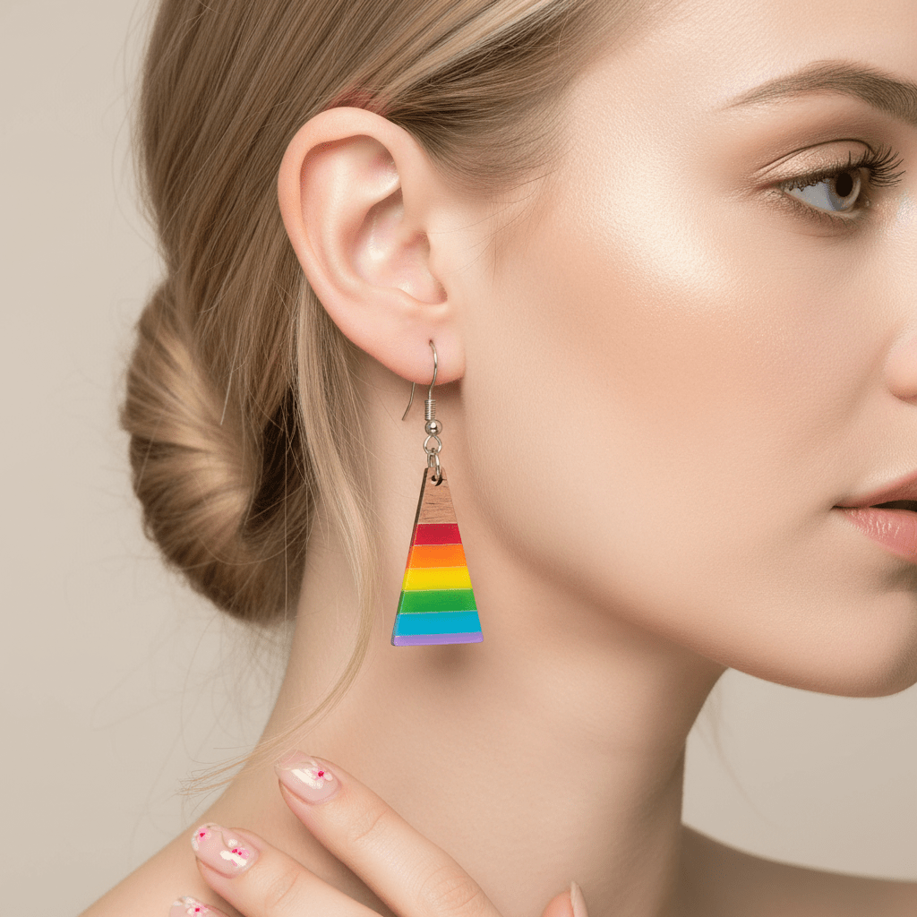 Multi-Colored Resin & Wood Silvertone Stripped Triangle Hook Earrings