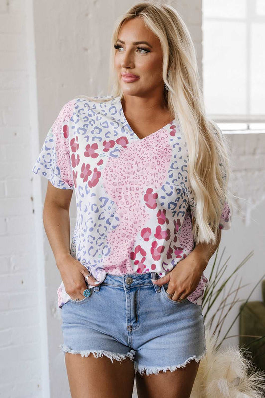 Threaded Pear Luisa Leopard V Neck Short Sleeve Blouse