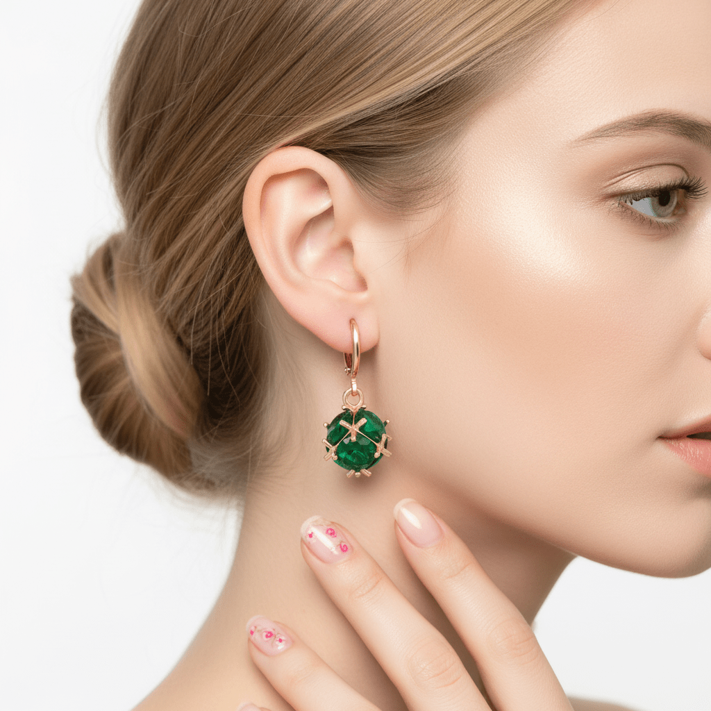 Green Crystal & Goldtone Ball Huggie Earrings