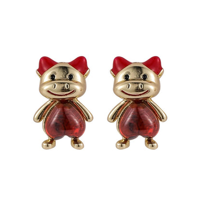 Red Crystal & Goldtone Heart Cattle Stud Earrings