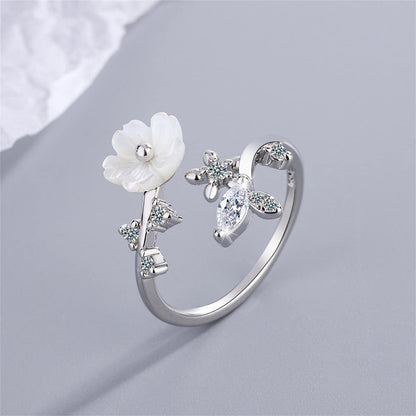 Cubic Zirconia & Shell Silvertone Shell Flower Bypass Ring