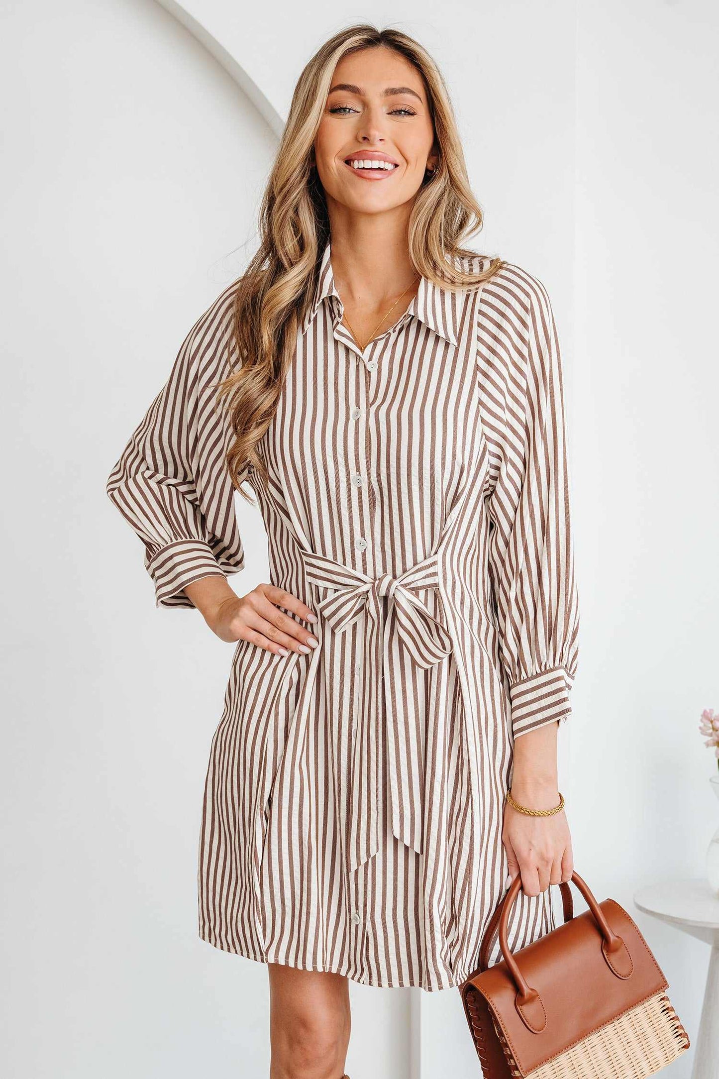 Hanna Sleeve Down Mini Shirt - Brown Stripe / L - 12/14
