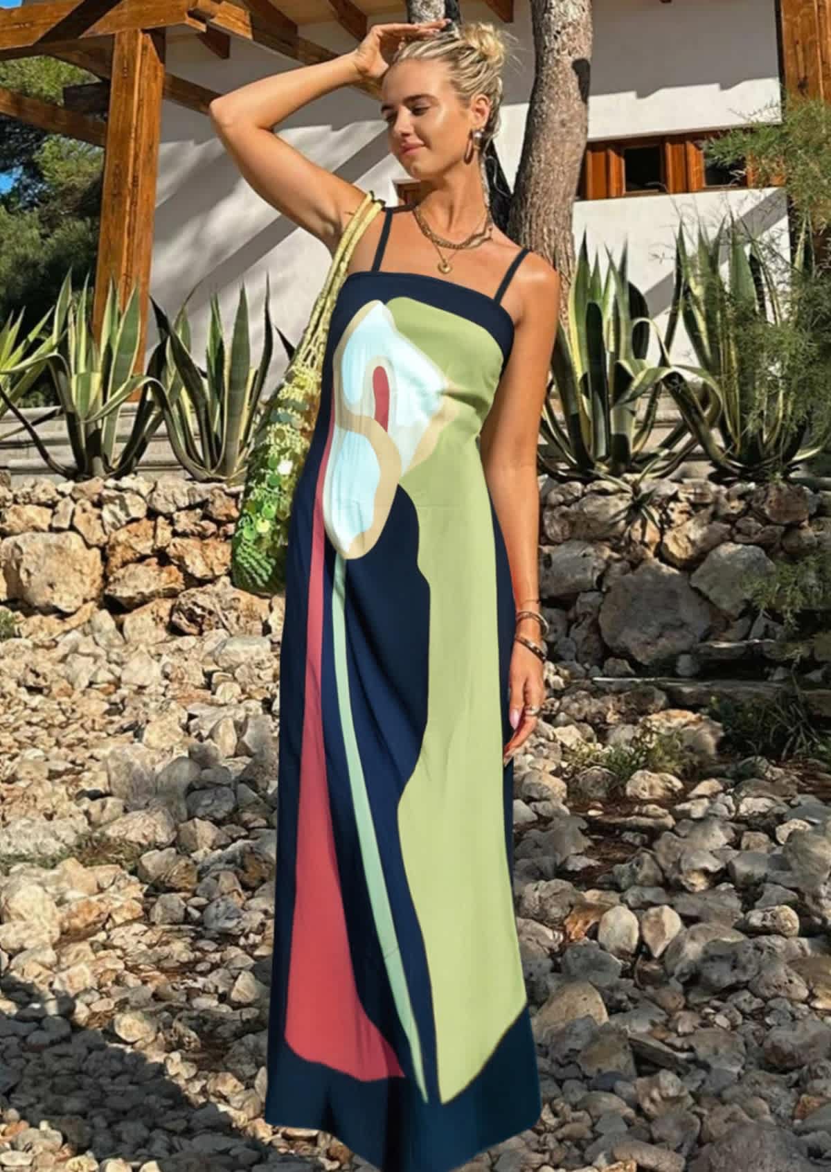 Chic YC Women's Abstract Floral Print Spaghetti Strap Maxi Dress Summer Elegant Evening Dress Green / Medium