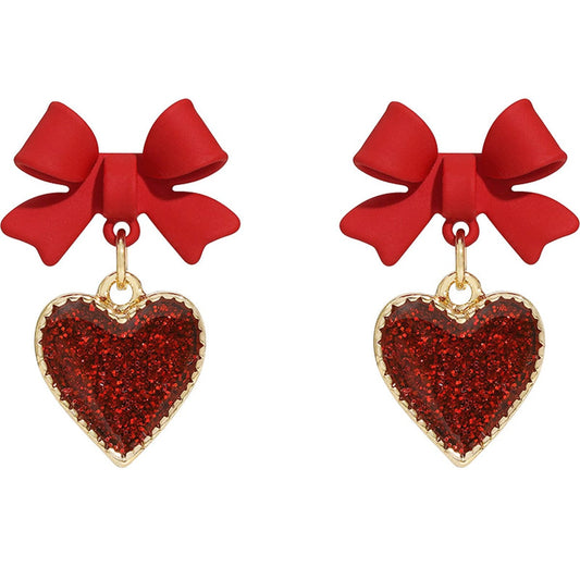 Red Enamel & Cubic Zirconia Goldtone Bow Heart Drop Earrings