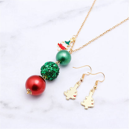 Red Enamel & Goldtone Christmas Tree Drop Earrings & Beaded Pendant Necklace Set