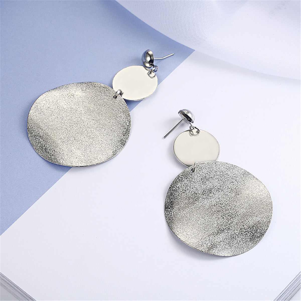 Silvertone Frosted Dual-Disk Drop Earrings