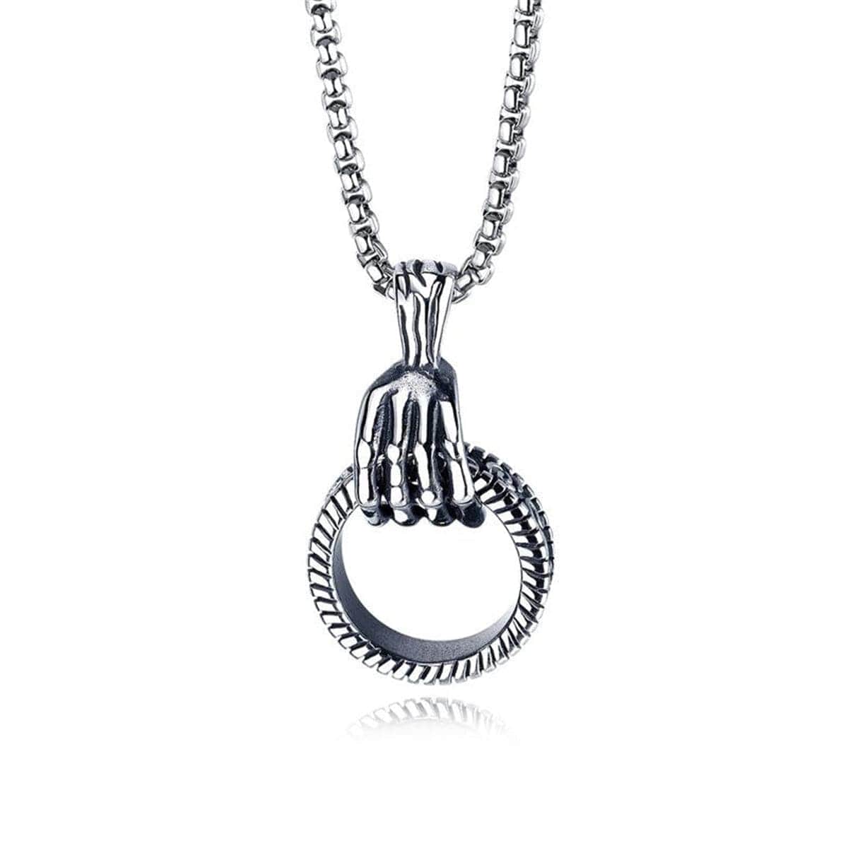 Silvertone Skeleton Hand & Tire Pendant Necklace