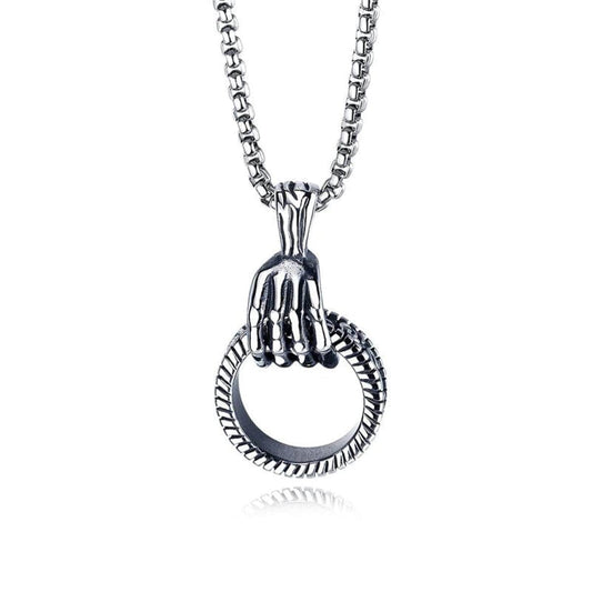 Silvertone Skeleton Hand & Tire Pendant Necklace