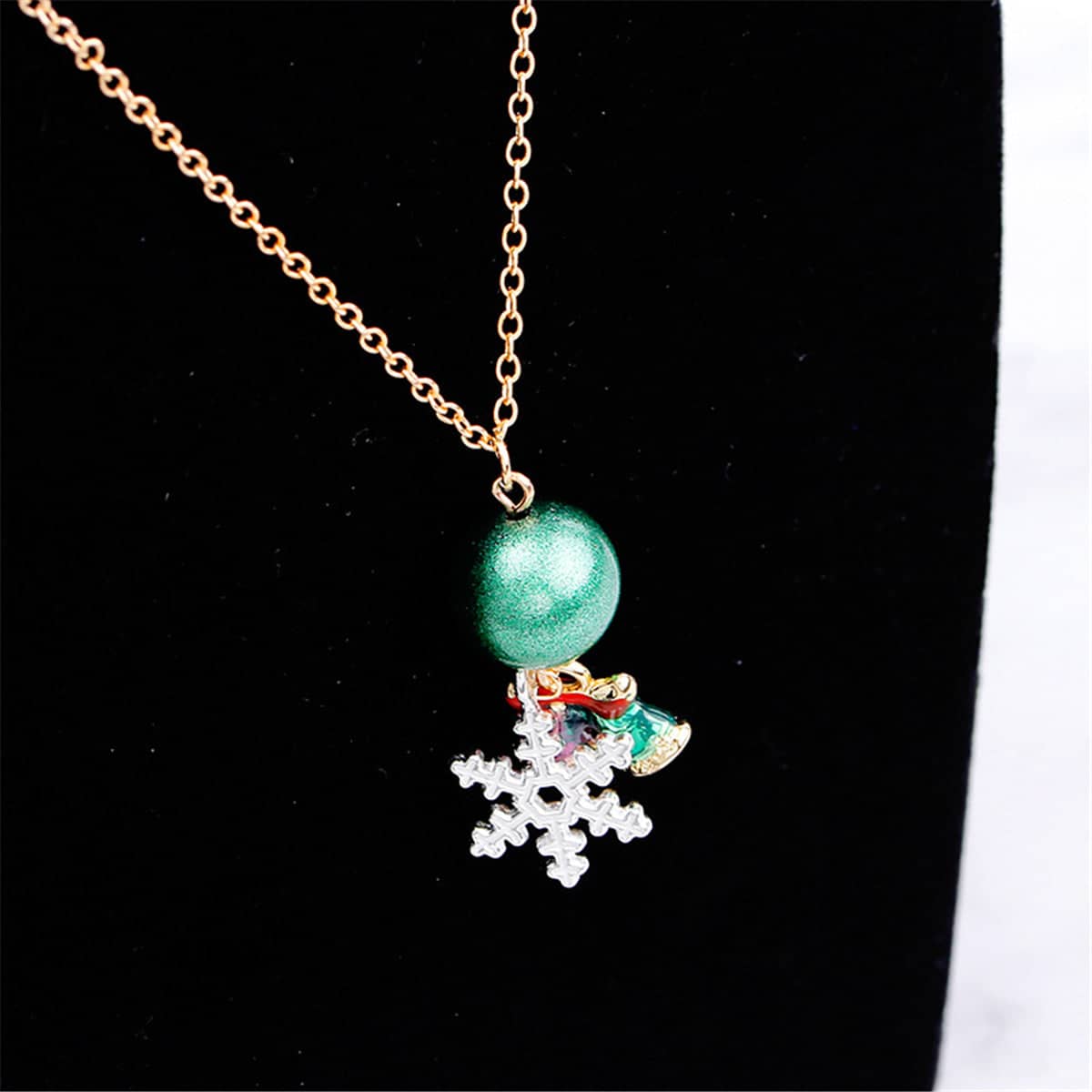 Green & Goldtone Snowflake Bells Pendant Necklace