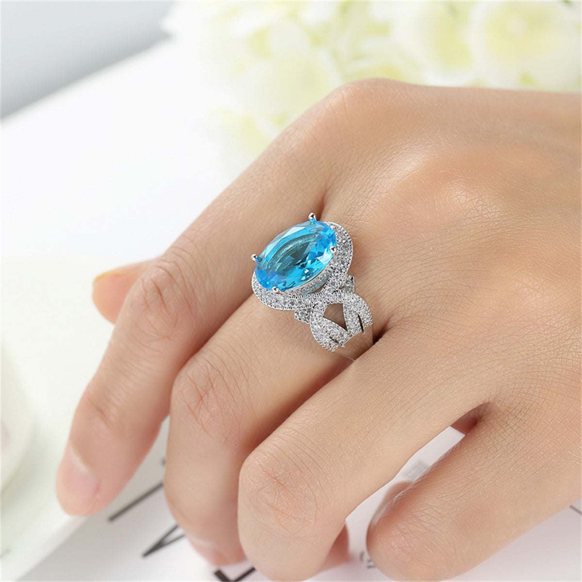 Sea Blue Crystal & Cubic Zirconia Oval-Cut Ring-2