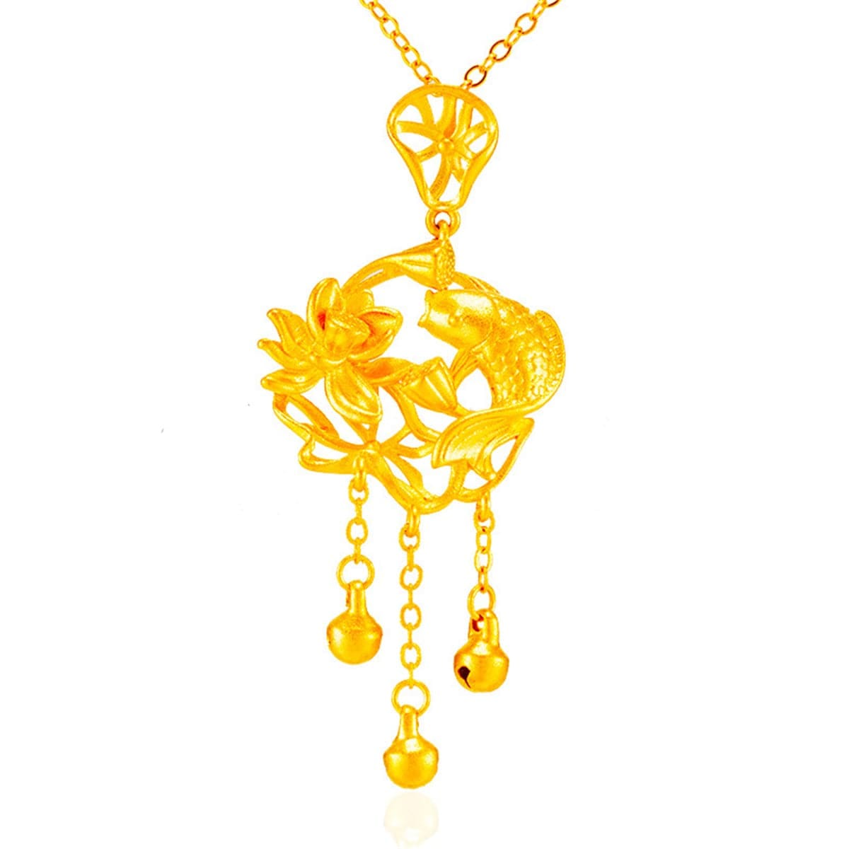 Goldtone Open Lotus & Fish Pendant Necklace