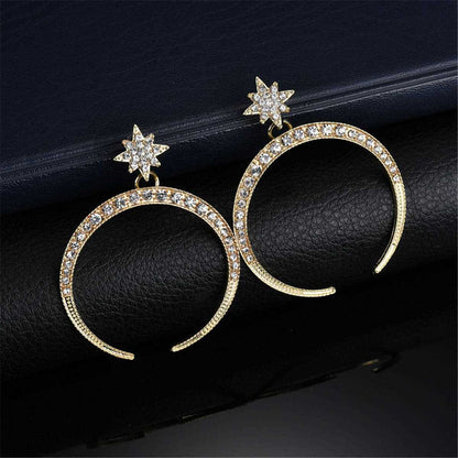 Cubic Zirconia & Goldtone Crescent Moon Star Drop Earrings