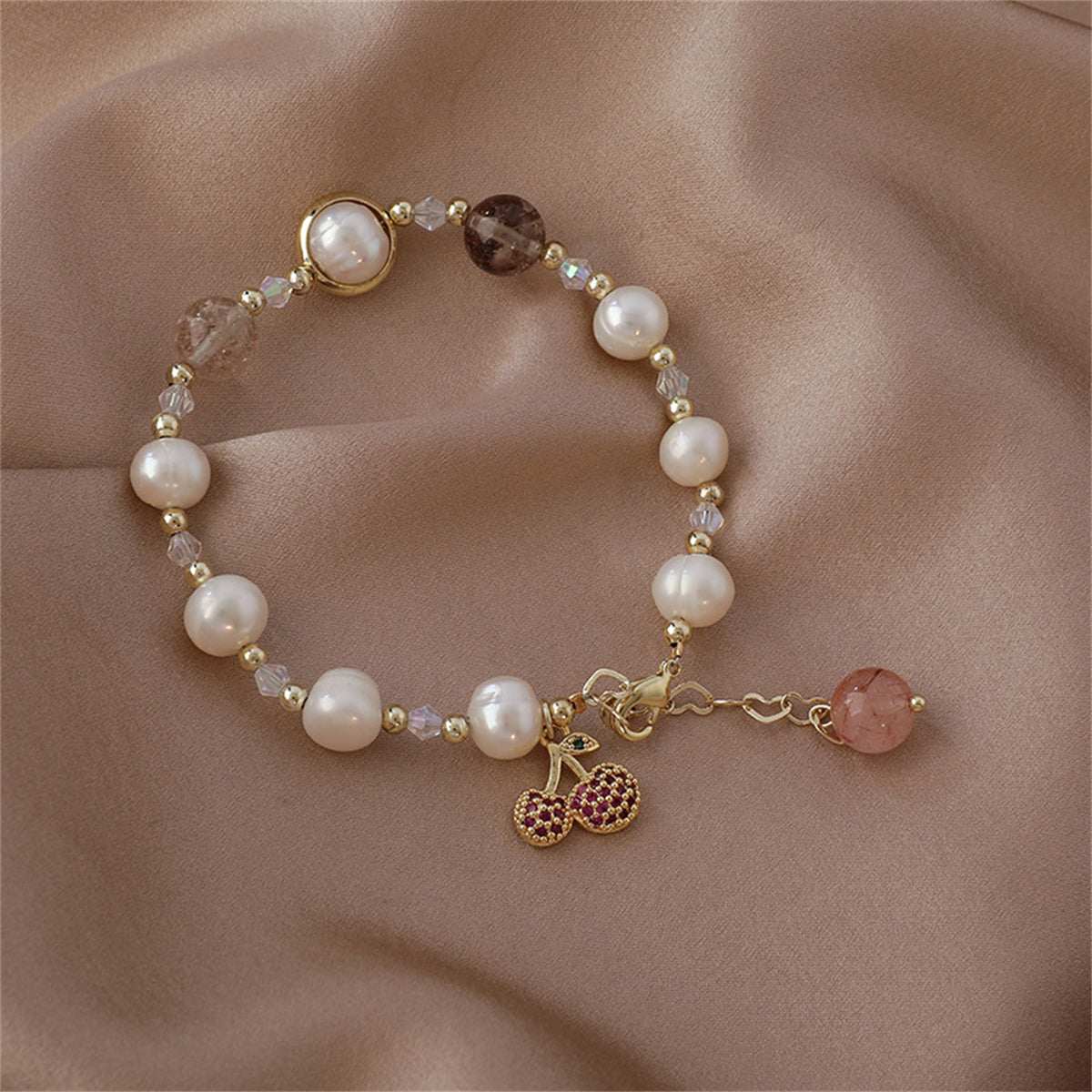 Strawberry Crystal & Pearl Goldtone Cherry Charm Bracelet