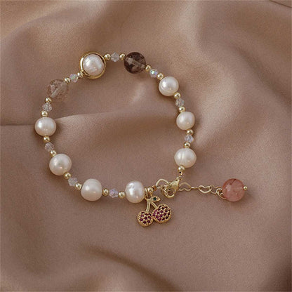 Strawberry Crystal & Pearl Goldtone Cherry Charm Bracelet