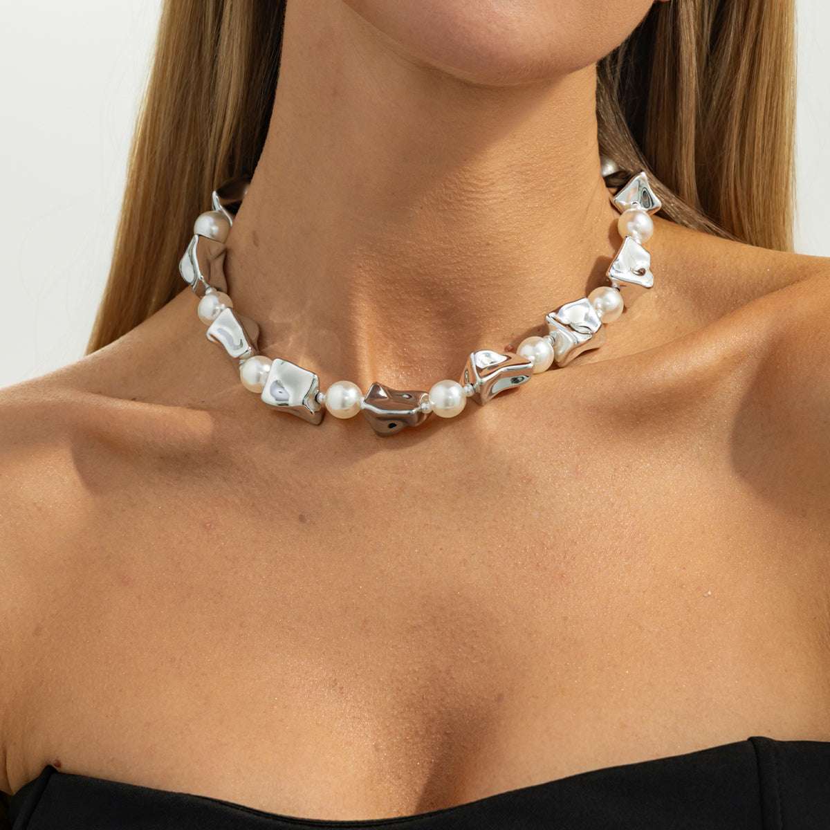 Pearl & Silvertone Ice Cube Station Necklace