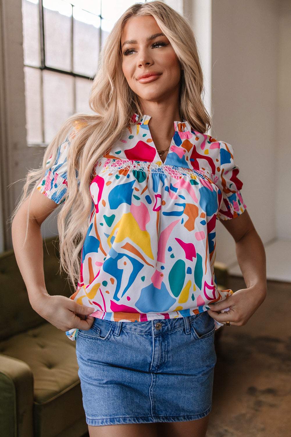 Harper Shirred Short Sleeve Blouse - Multicolour / L - 12/14
