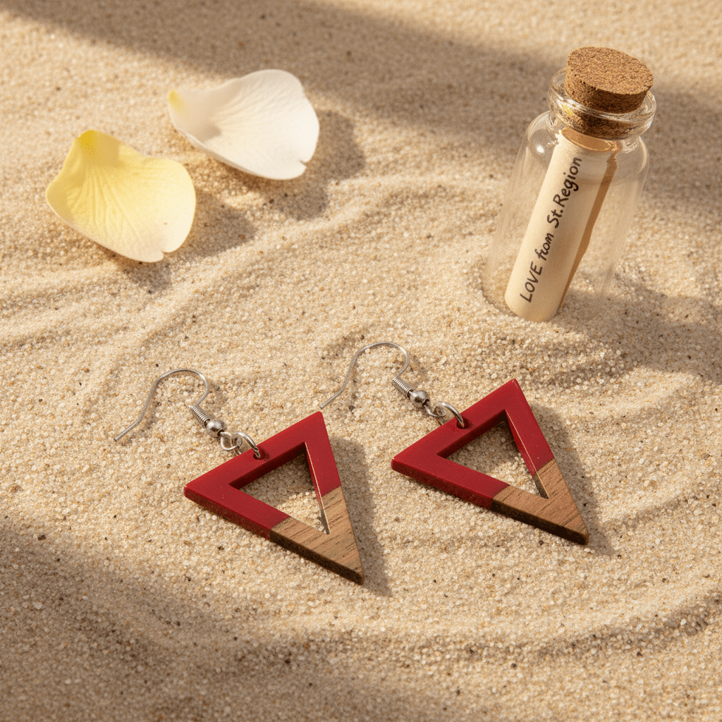 Red Resin & Wood Silvertone Open Triangle Hook Earrings