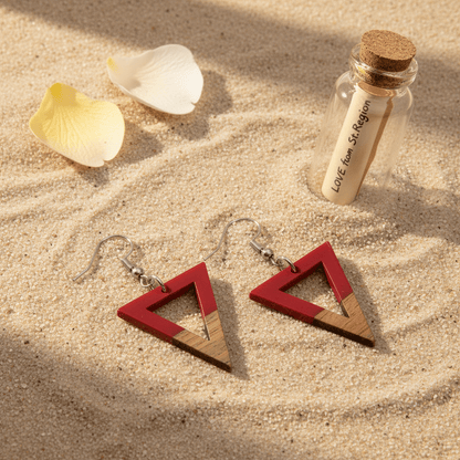 Red Resin & Wood Silvertone Open Triangle Hook Earrings