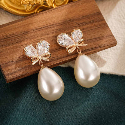 Pear Crystal & Pearl Goldtone Butterfly Drop Earrings