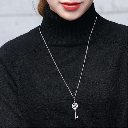 Cubic Zirconia & Silvertone Floral Key Pendant Necklace