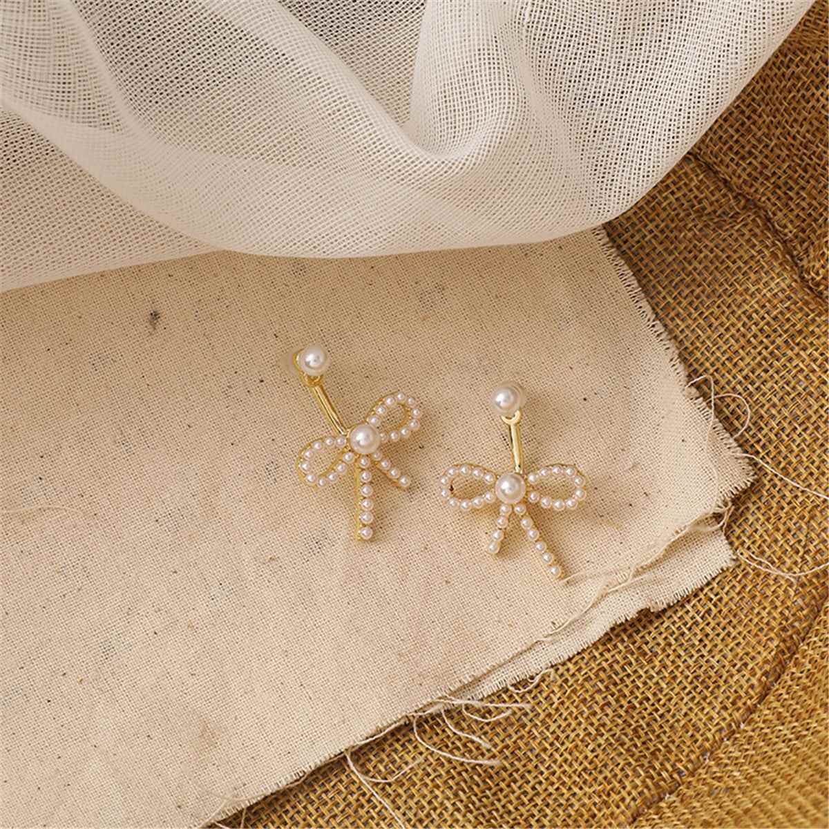 Pearl & Goldtone Bow Ear Jackets